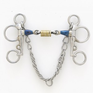 CENTAUR® Blue Steel Tom Thumb Pelham w/ Double Jointed Mouth and Loose Brass Roller Disks